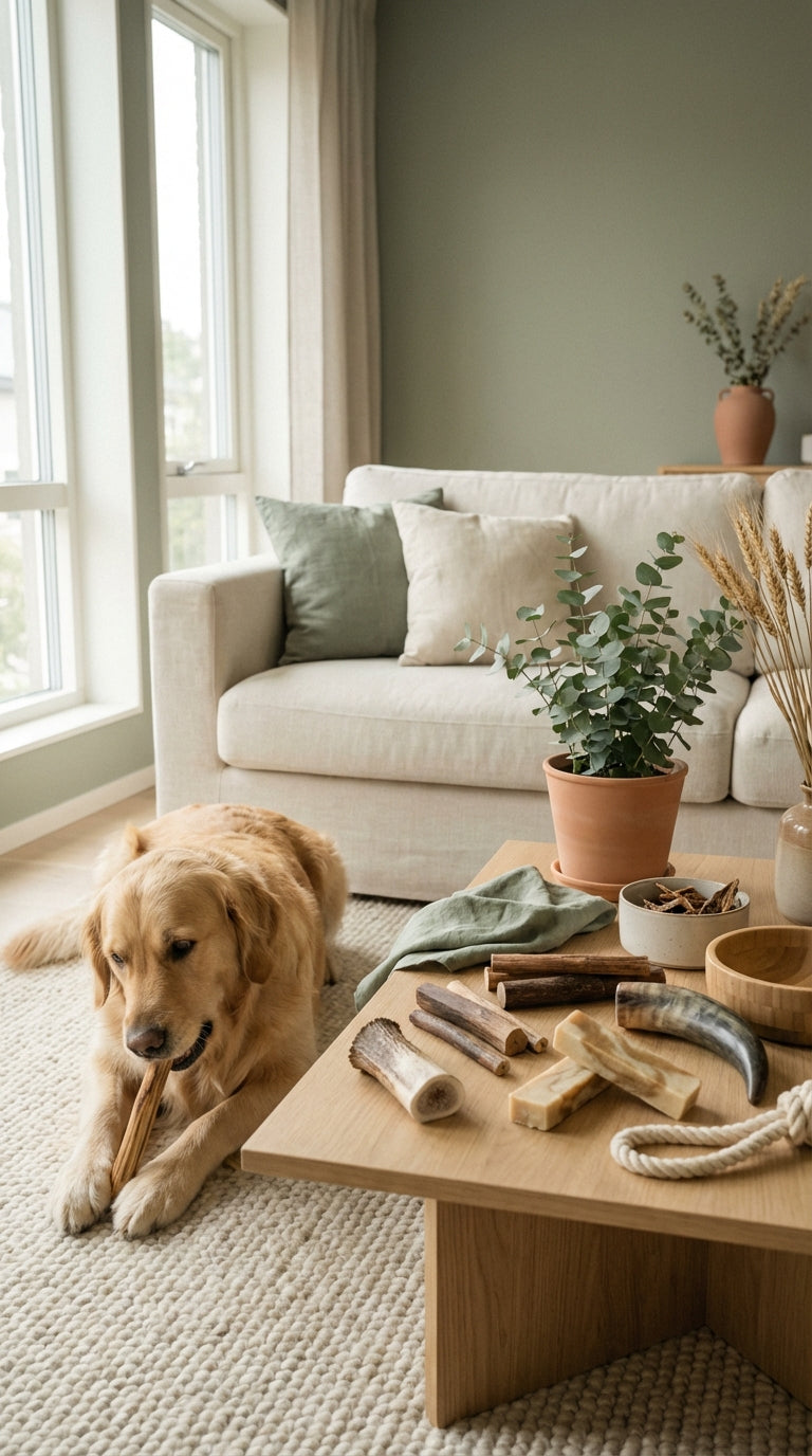 Golden retriever cu o recompensă naturală, lângă o masă cu produse Petique