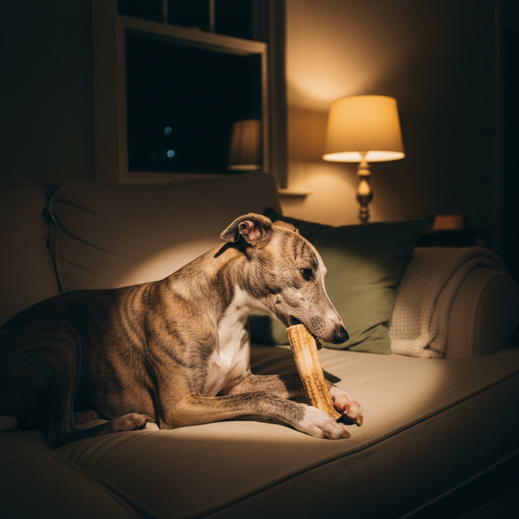 Whippet pe canapea, seara, la lumina unei veioze, mestecând un corn de cerb ținut între labe