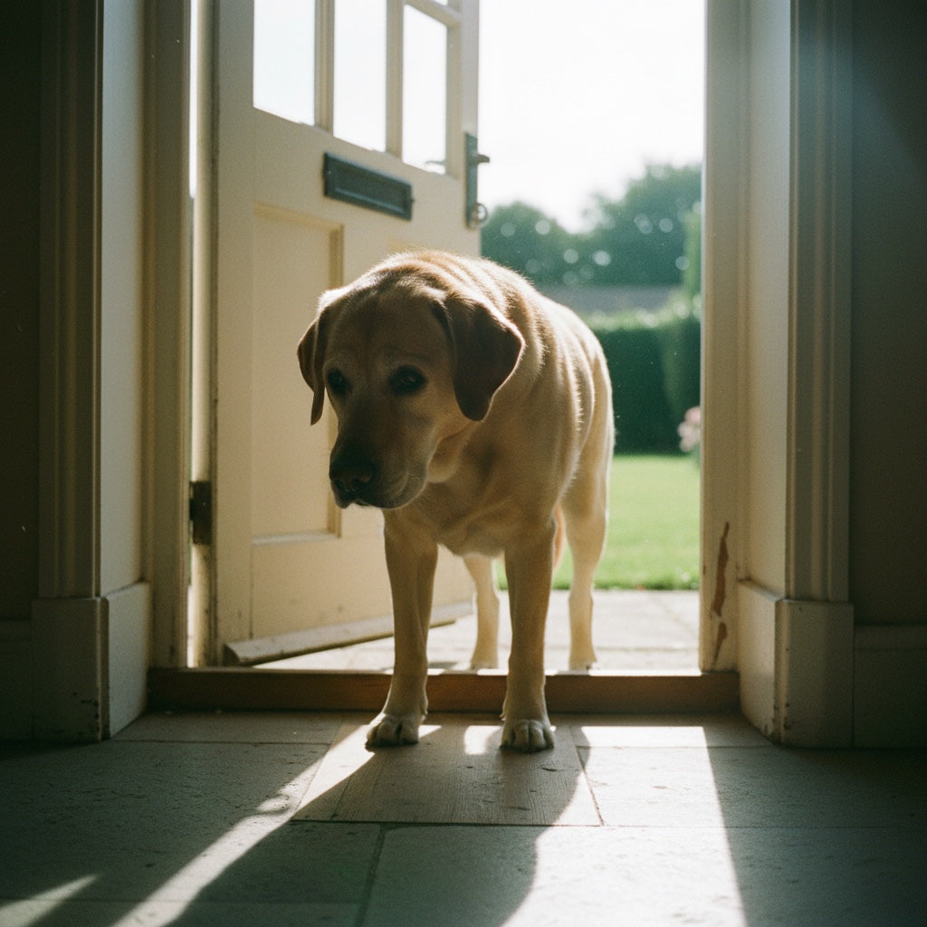 Labrador auriu mai în vârstă, oprit în pragul ușii contra luminii, cu botul albit și capul lăsat în jos